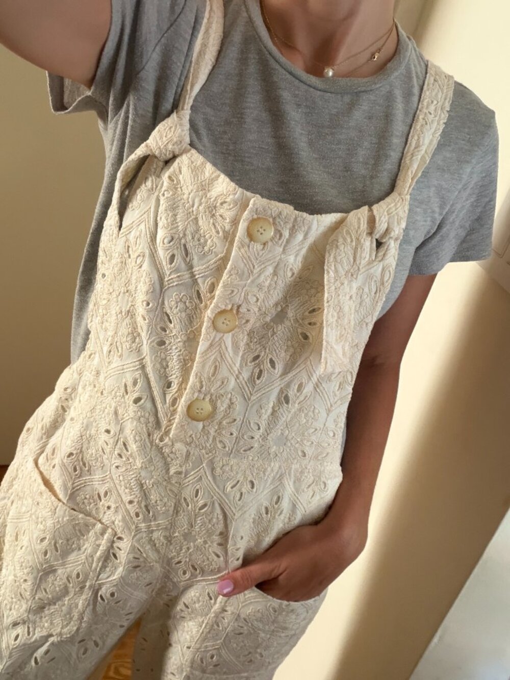 Sézane Brian Jumpsuit, Ecru Embroidered Eyelet Overalls, FR 38 / US 6, NWT